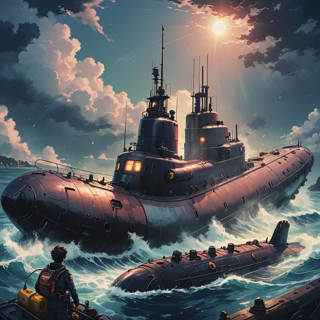 Submarines Meeting in Cel-Shaded Anime Style