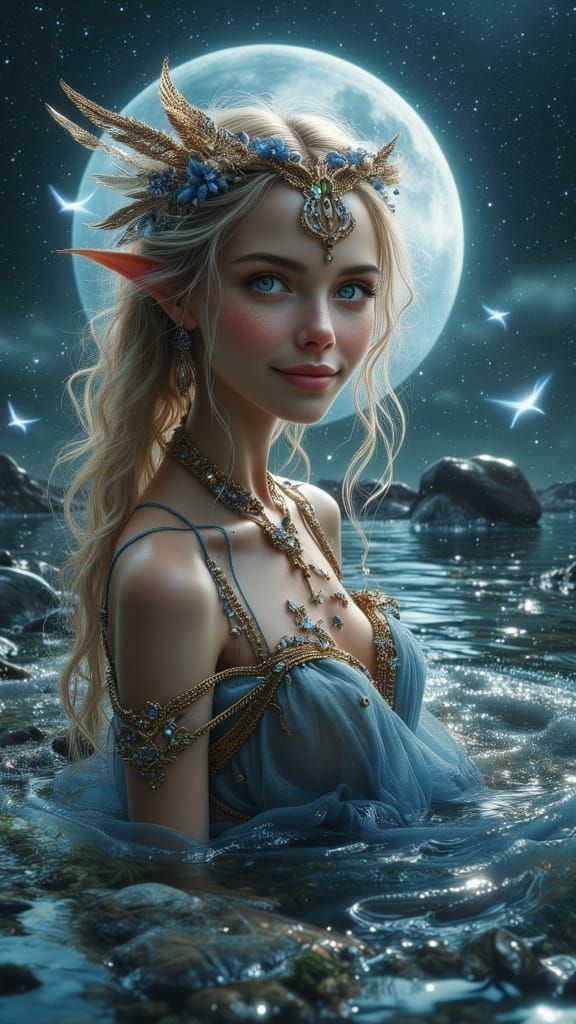Elf Woman Bathes in Moonlit Pond