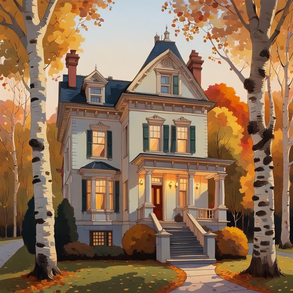 Federal Villa Among Autumn Birches in Gouache Style