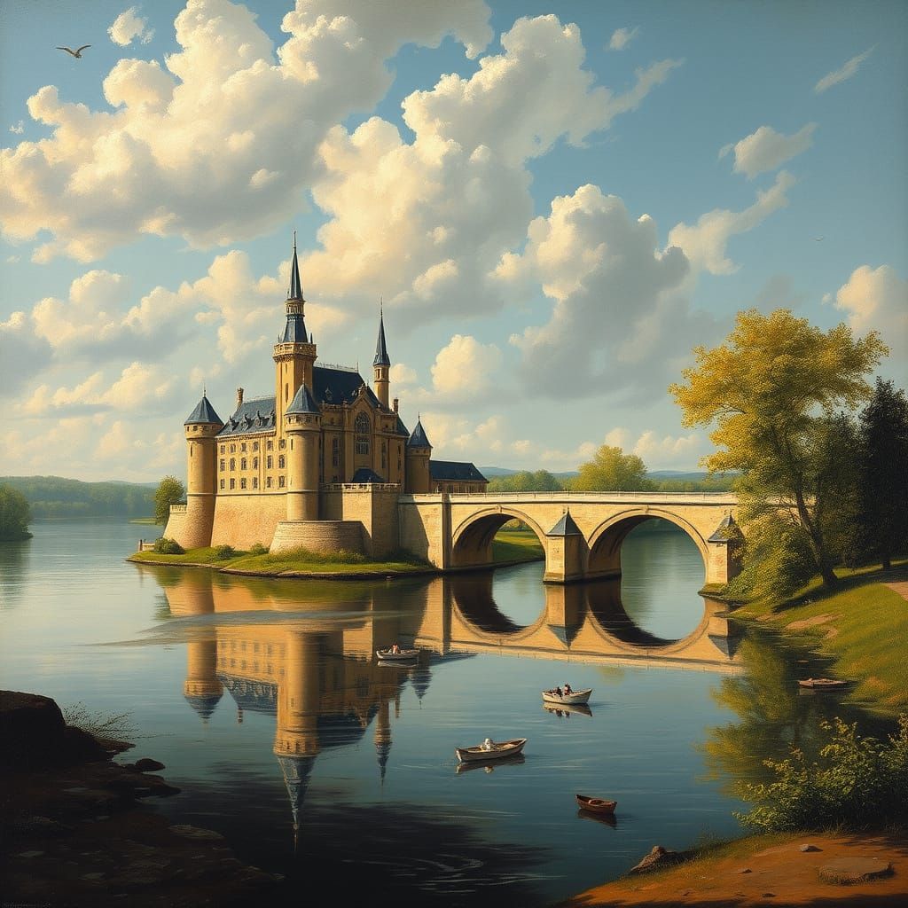 Baroque Castle by a Serene River in a Vibrant Cubist Landsca...