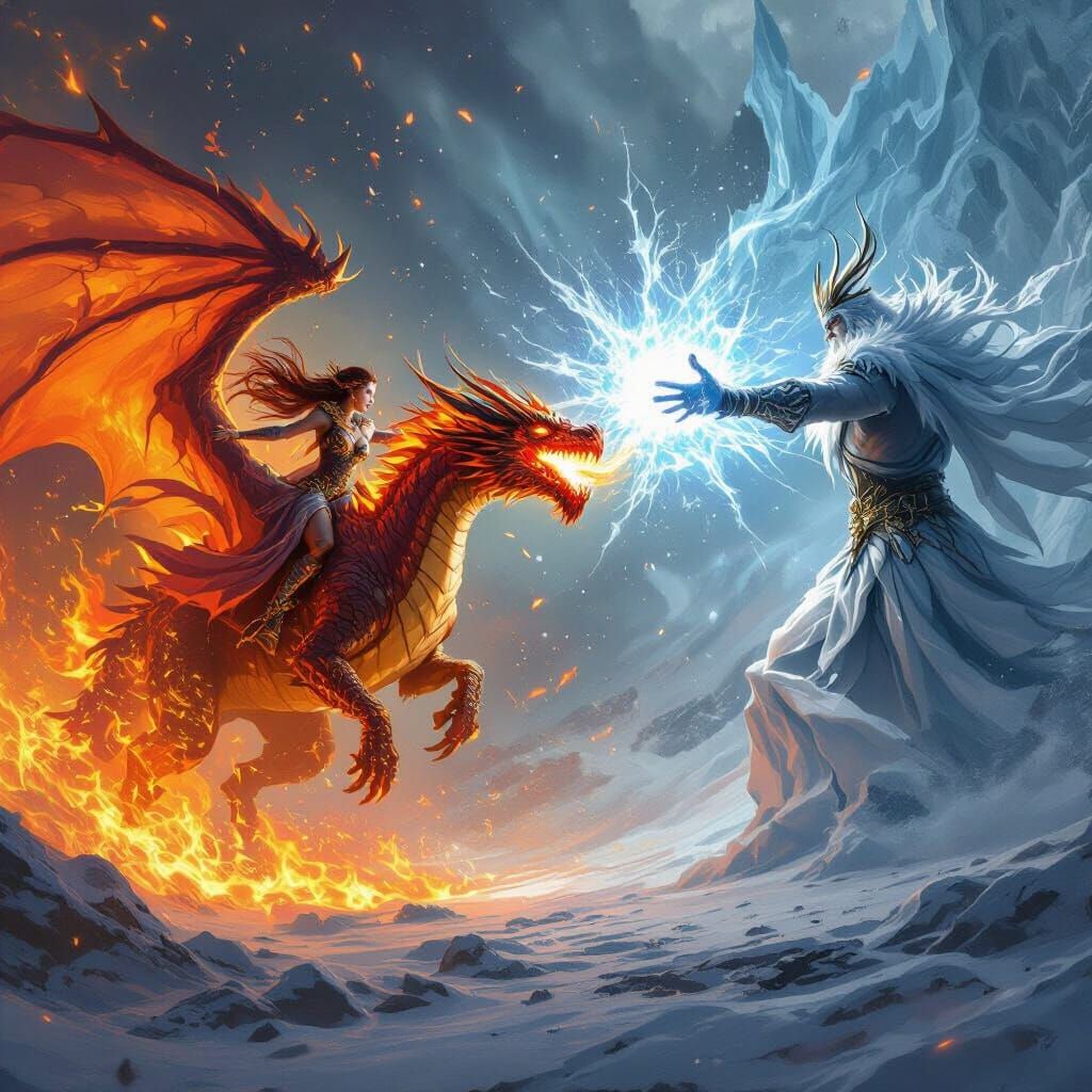 Fire Sorceress Battles Ice King on Dragon