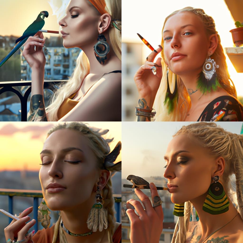 Paris Sunset: Blonde Woman with Parrot, Detailed Portrait