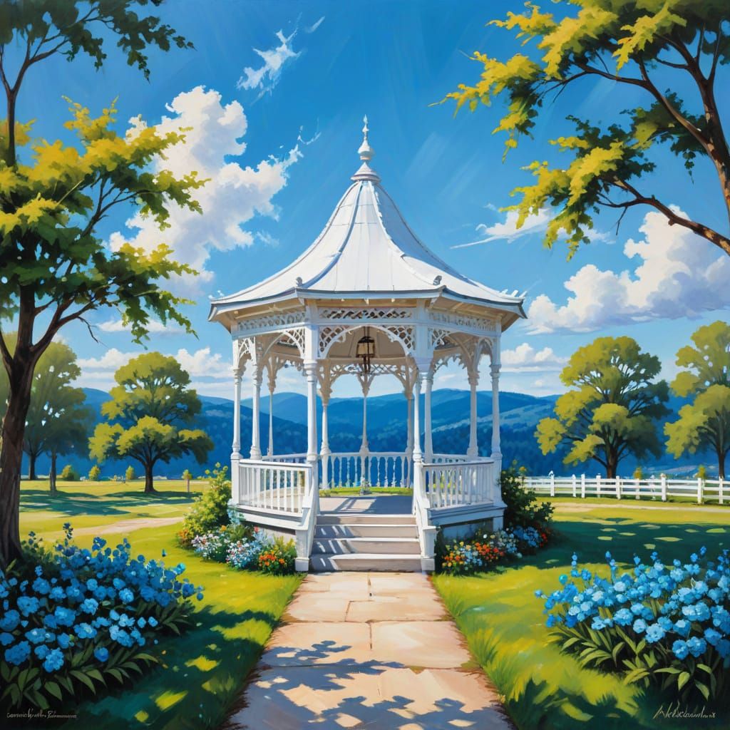 Gazebo in Alcohol Ink on a Bright Blue Day