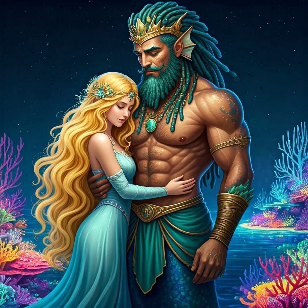 Sea King Adorned in Vibrant Colors on a Coral Island