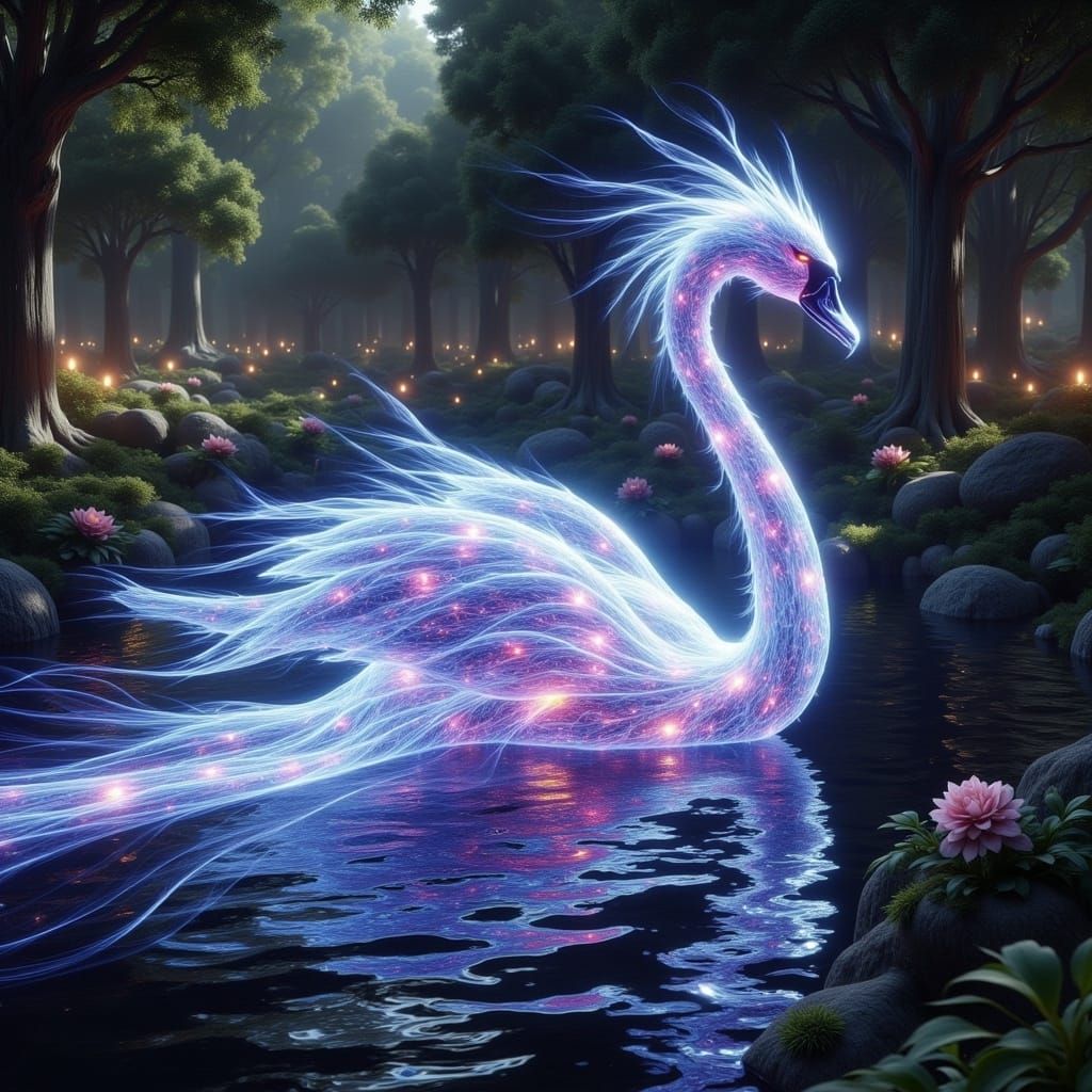 Radiant Swan Glides in Futuristic City Park