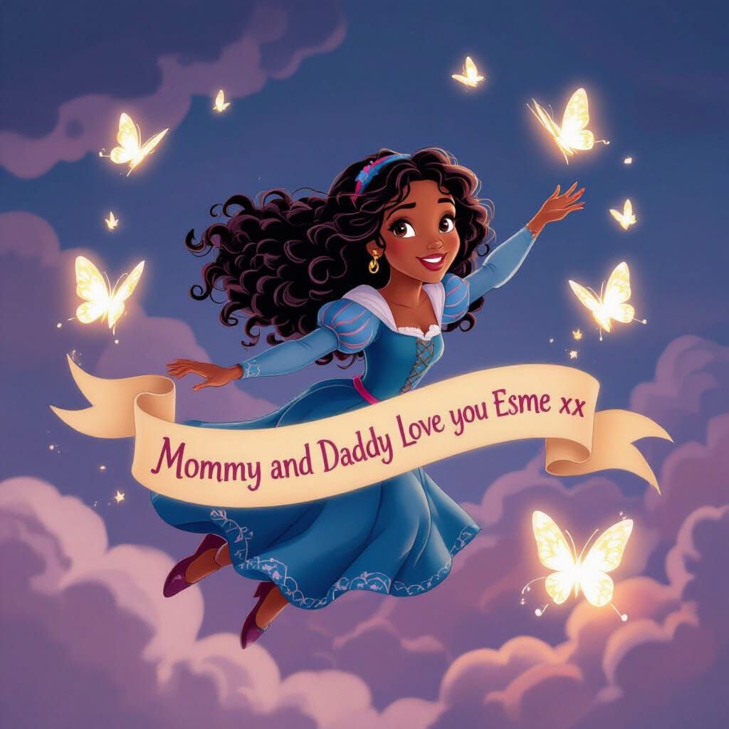 Esmeralda Flies Through Clouds with Glowing Butterflies