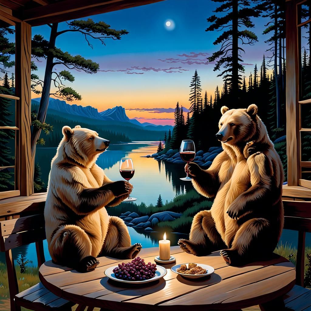 Bears Drinking Wine in Romantic Campground Scene