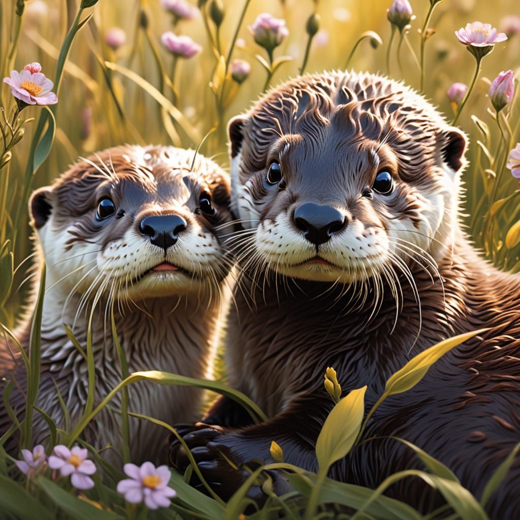 Whimsical Otter Babies in Sunny Meadow