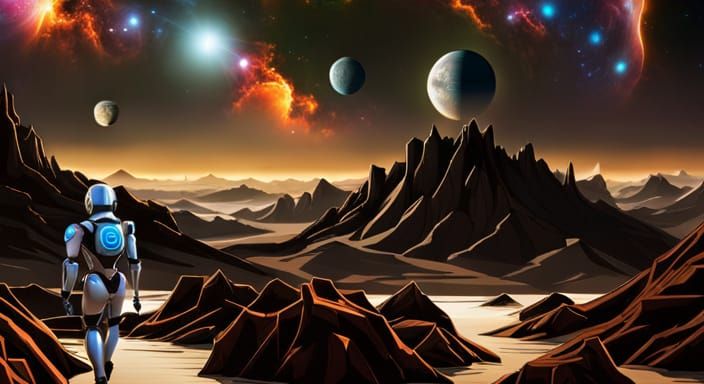 Robot on Alien Planet with Bioluminescent Sky