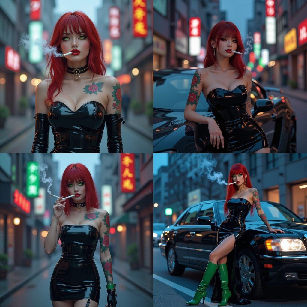 Red-Haired Woman with Sword Tattoo in Neon Cityscape