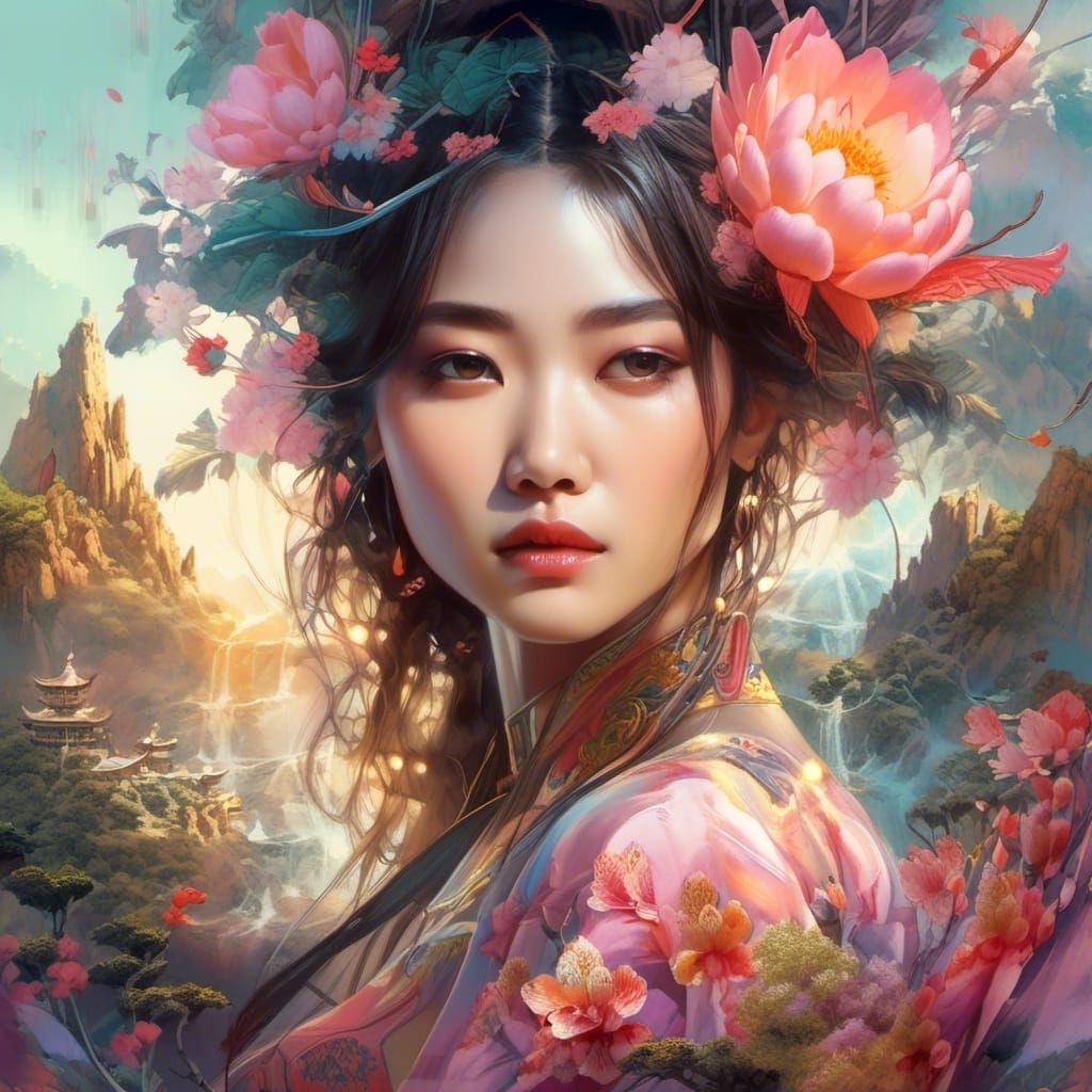 Asian Woman in Spring Fantasy Landscape, Watercolor Art