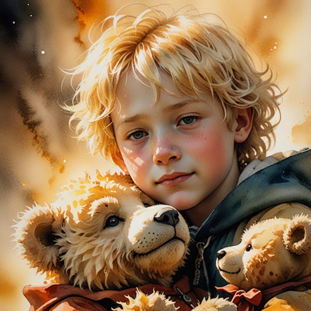 Watercolor Boy with Teddy Bear in Rembrandt Lighting