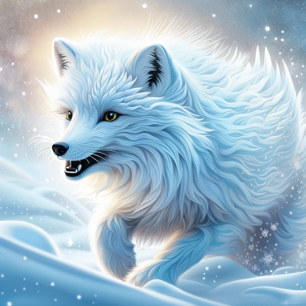 Icy Arctic Fox Leaping in Snow, Graffiti Art