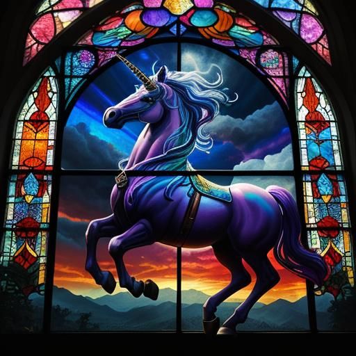 Unicorn Sunset Stained Glass Window: Digital Matte Painting