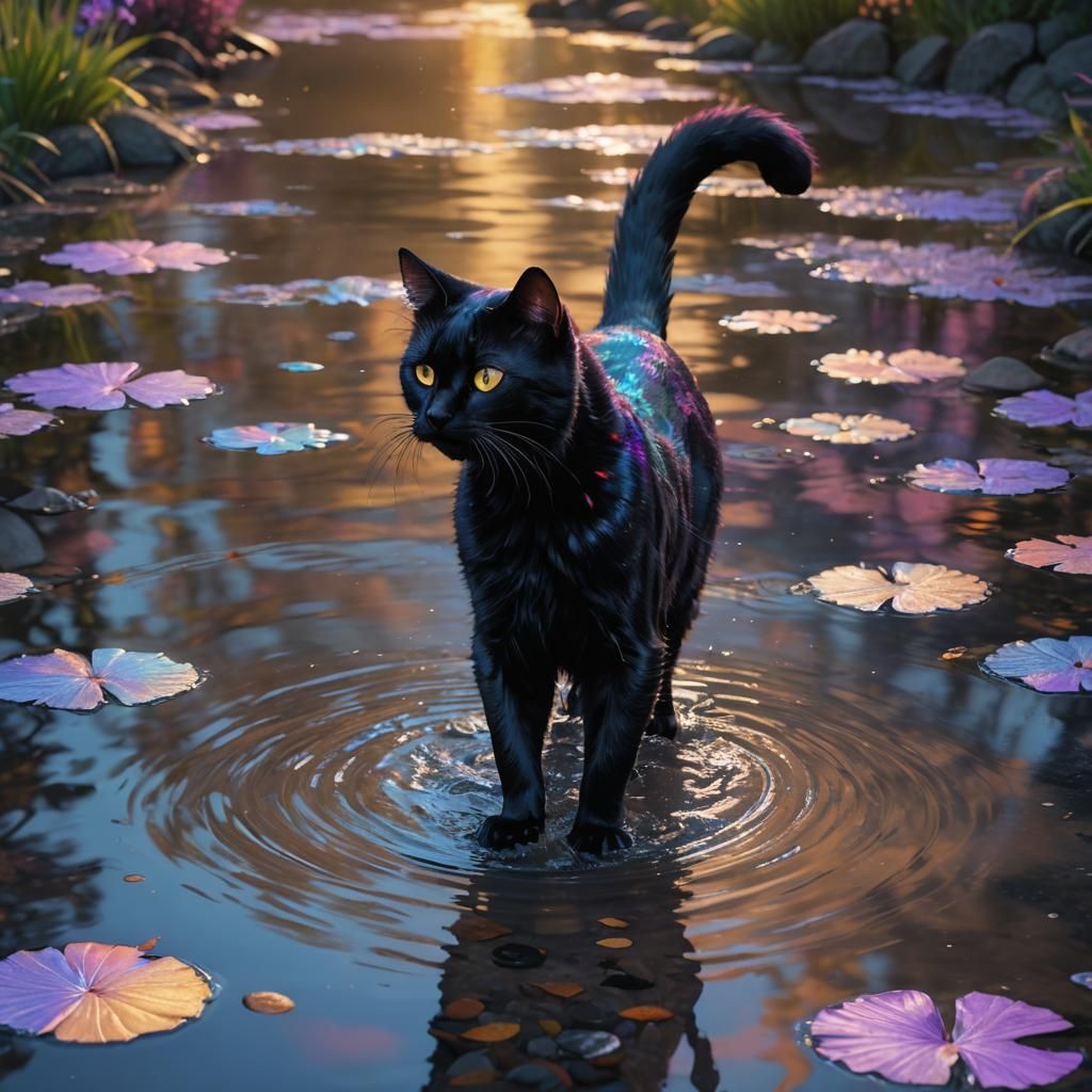 Black Cat Walks in Iridescent Puddle: Fantasy Art
