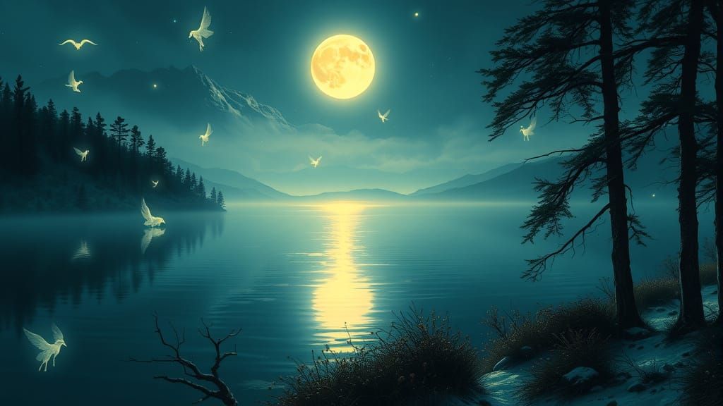 Magical Lake Under Harvest Moon with Fae and Spirits