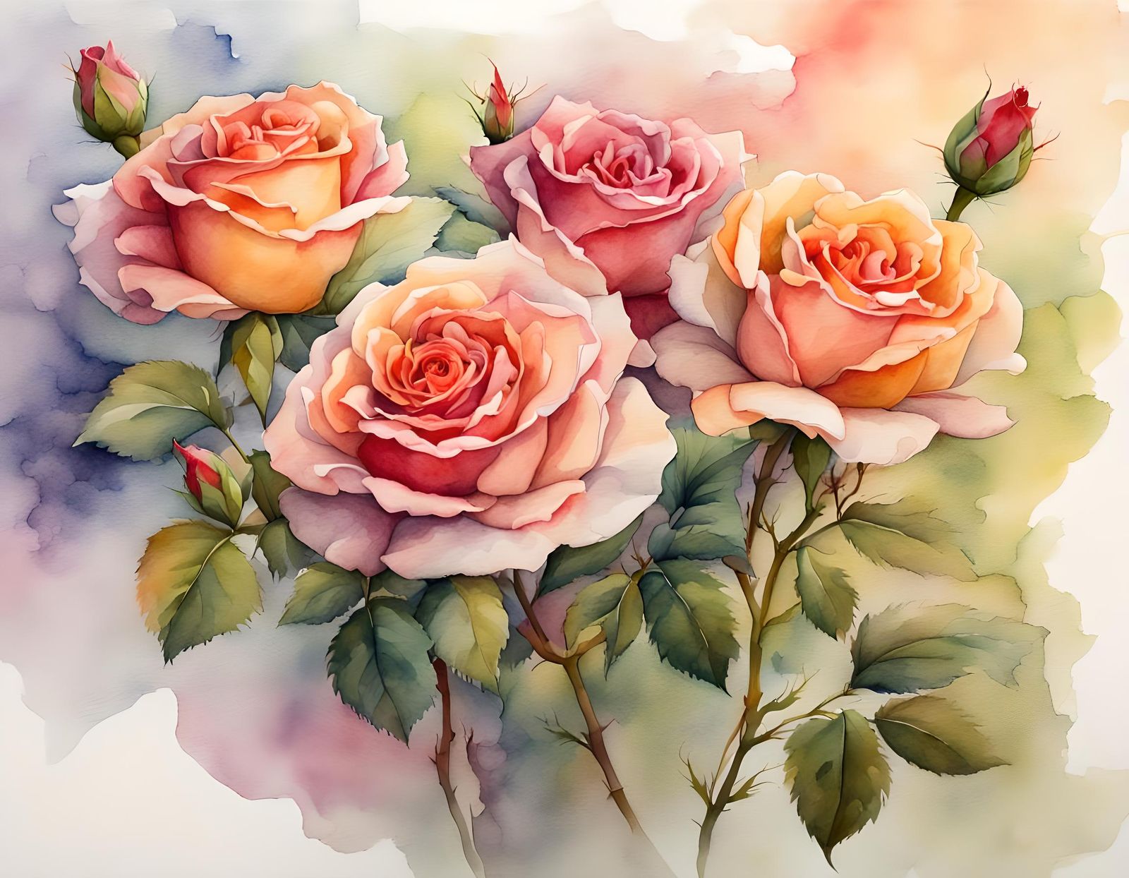 Felicity Roses Watercolor Painting in Full Bloom