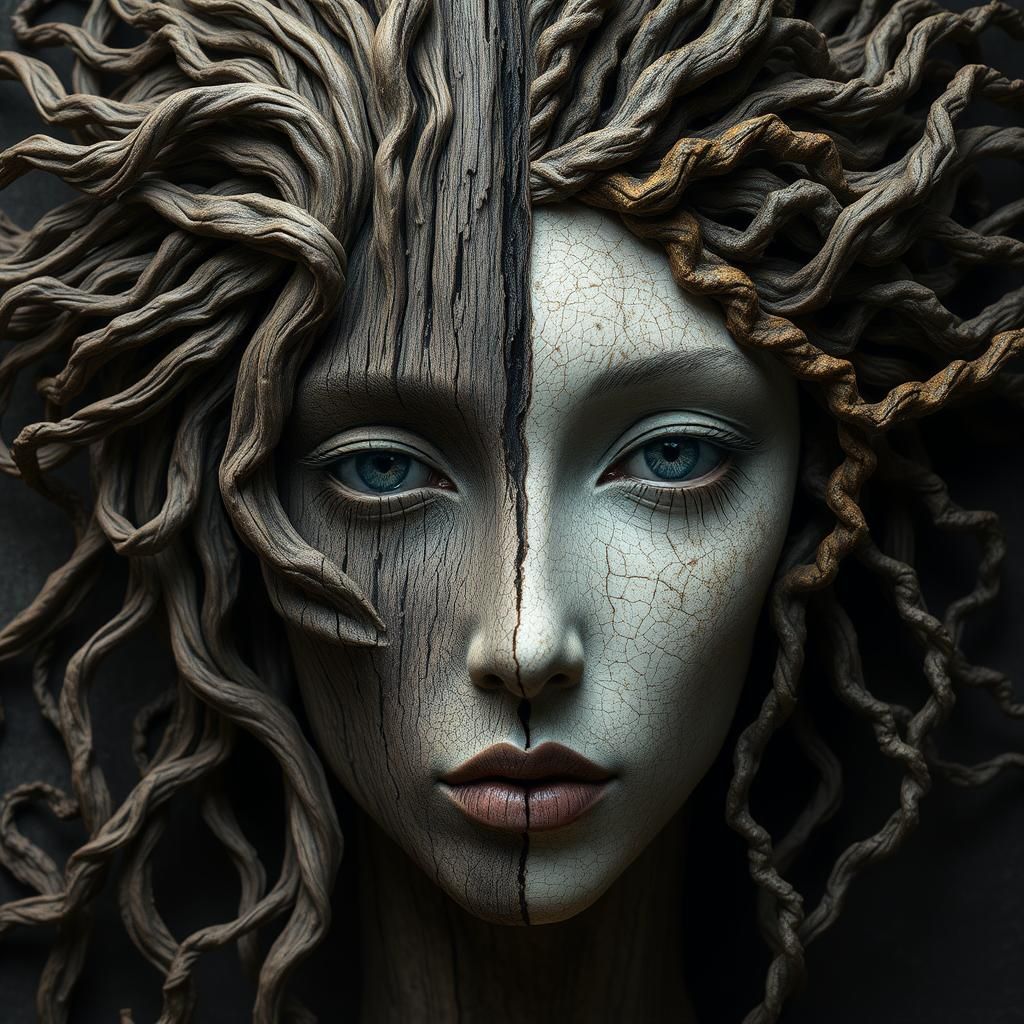 Surreal Face Crafted from Wood and Metal