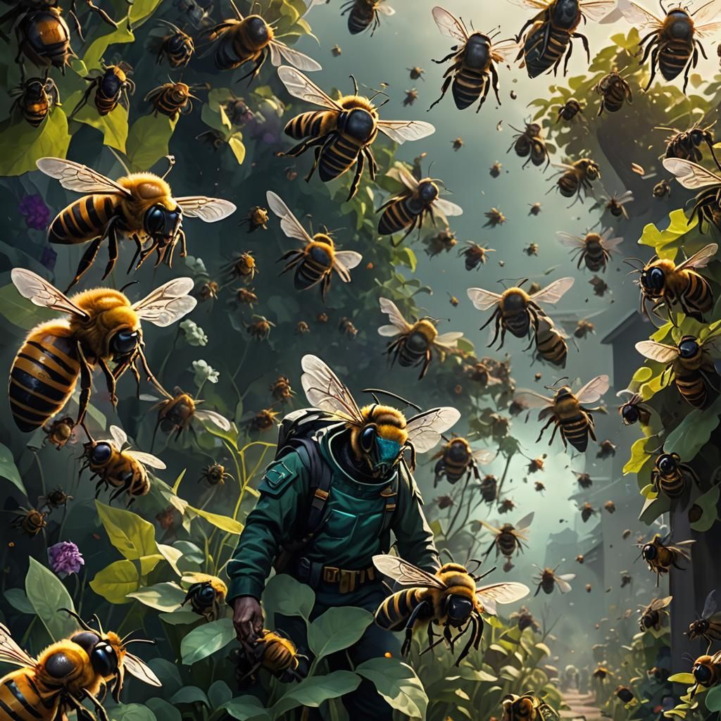 Zombie Bees Swarming in Ominous Garden