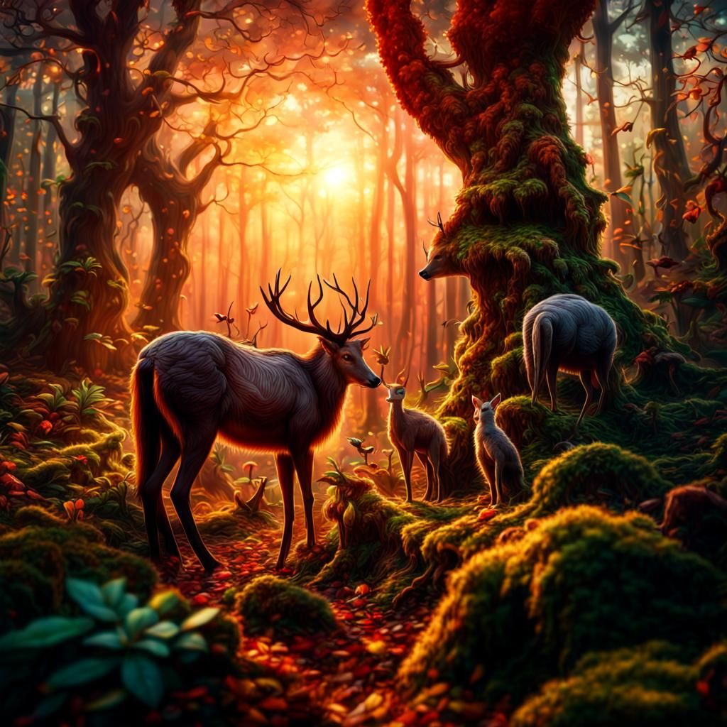 Hyperrealistic Forest Animals in Atmospheric Sunset