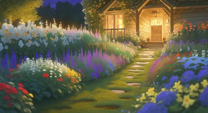 Scandinavian Garden at Night in Oil Paint Style