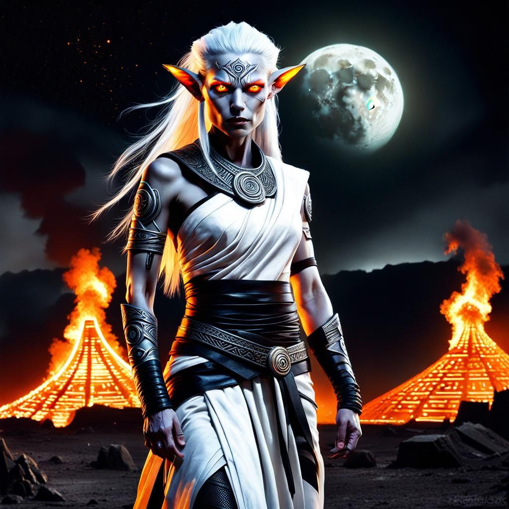 Albino Goblin Sorceress Amidst Burning Moon Settlement