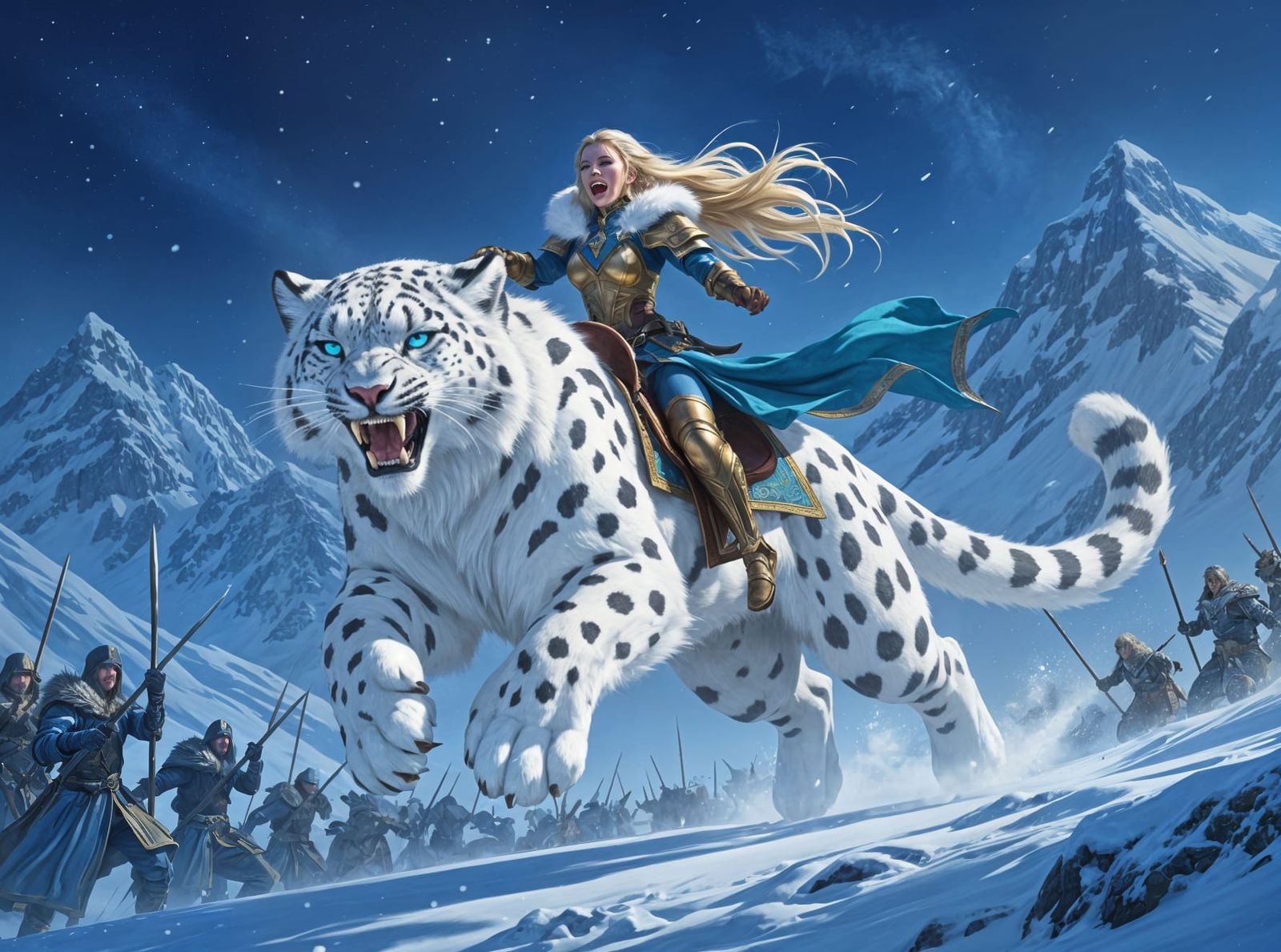 Snow Leopard Warrior Elf Leaping Through Winter Battlefield