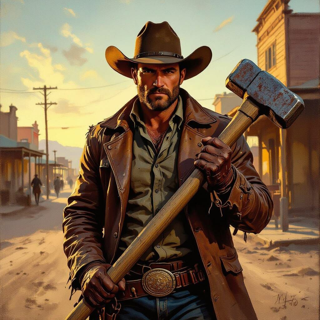 Rugged Cowboy Wields Sledgehammer in Golden Hour Town