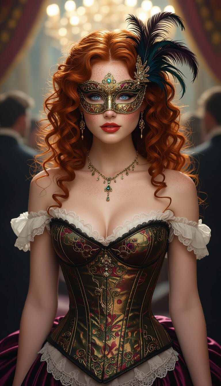 Redhead Woman at Opulent Masquerade Ball