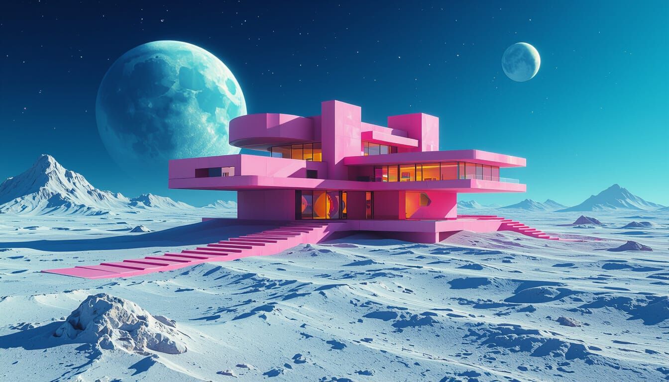 Psychedelic Pink Floyd House on the Moon in Frank Lloyd Wrig...