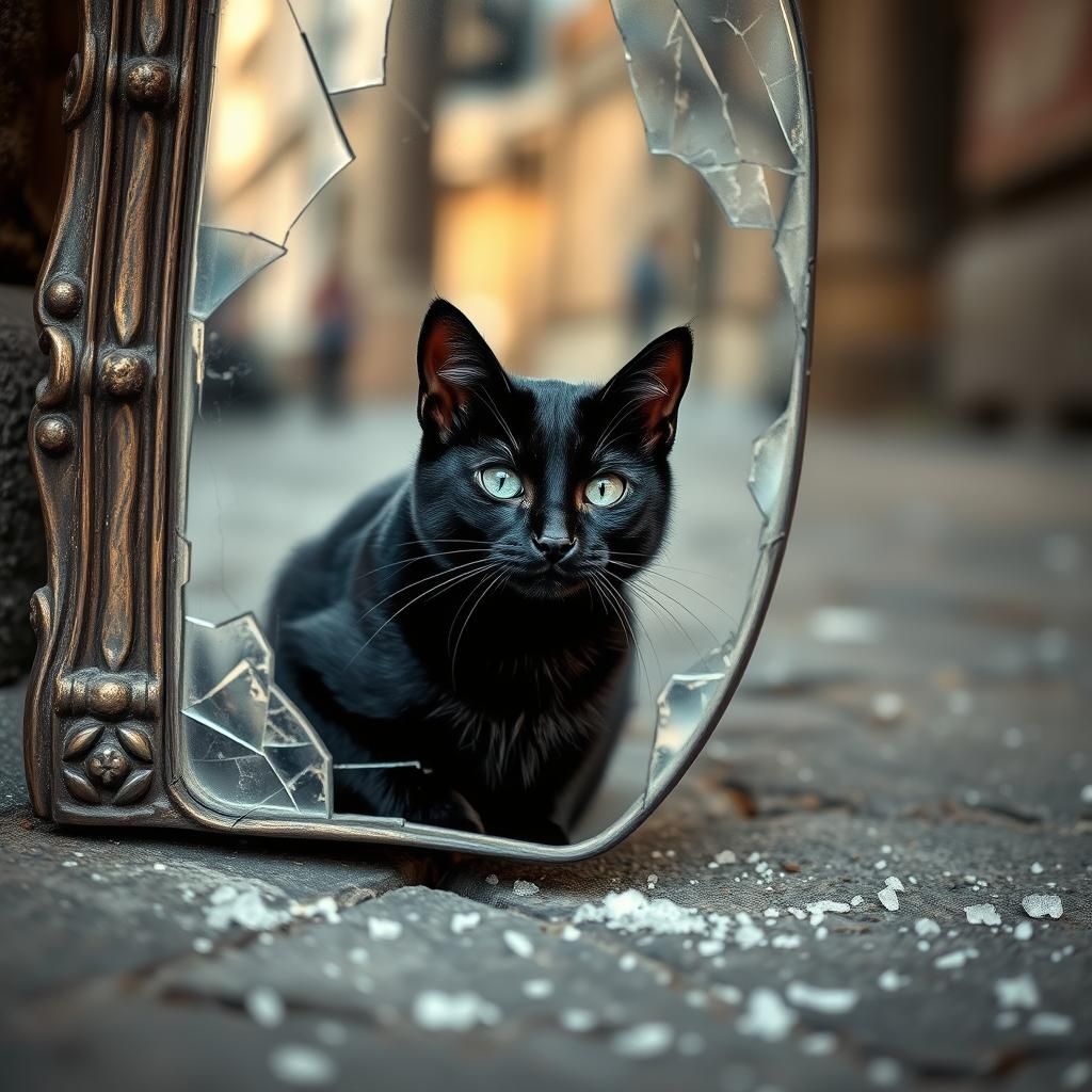 Black Cat Reflection in Broken Mirror: High-Resolution