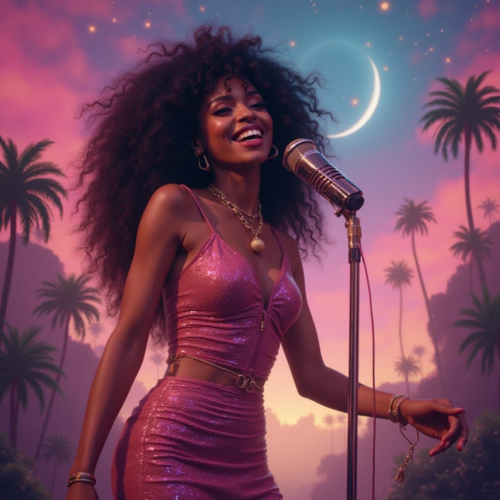 Glamorous Singer in Dreamy Sci-Fi Landscape