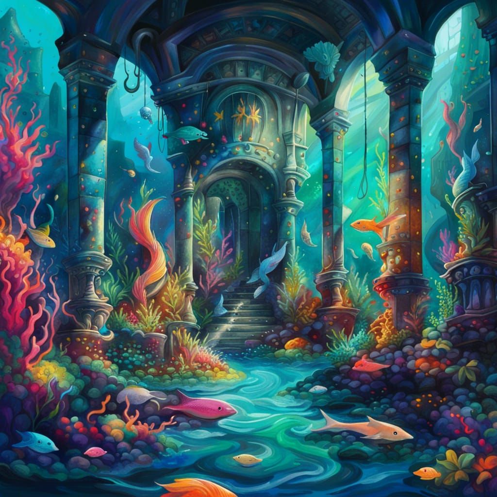 Colorful Underwater Palace with Mermaids, Graffiti Art