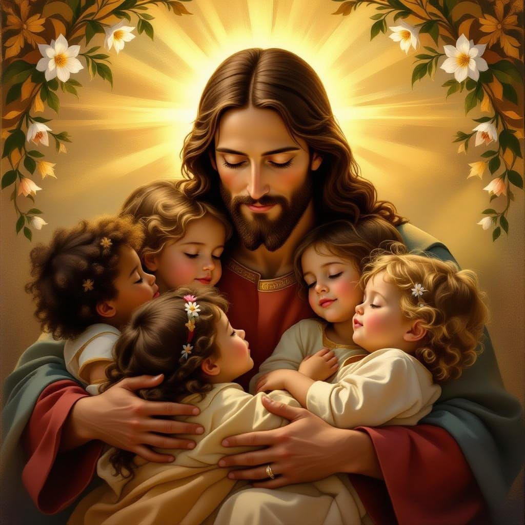 Jesus Embraces Diverse Children in Renaissance Style