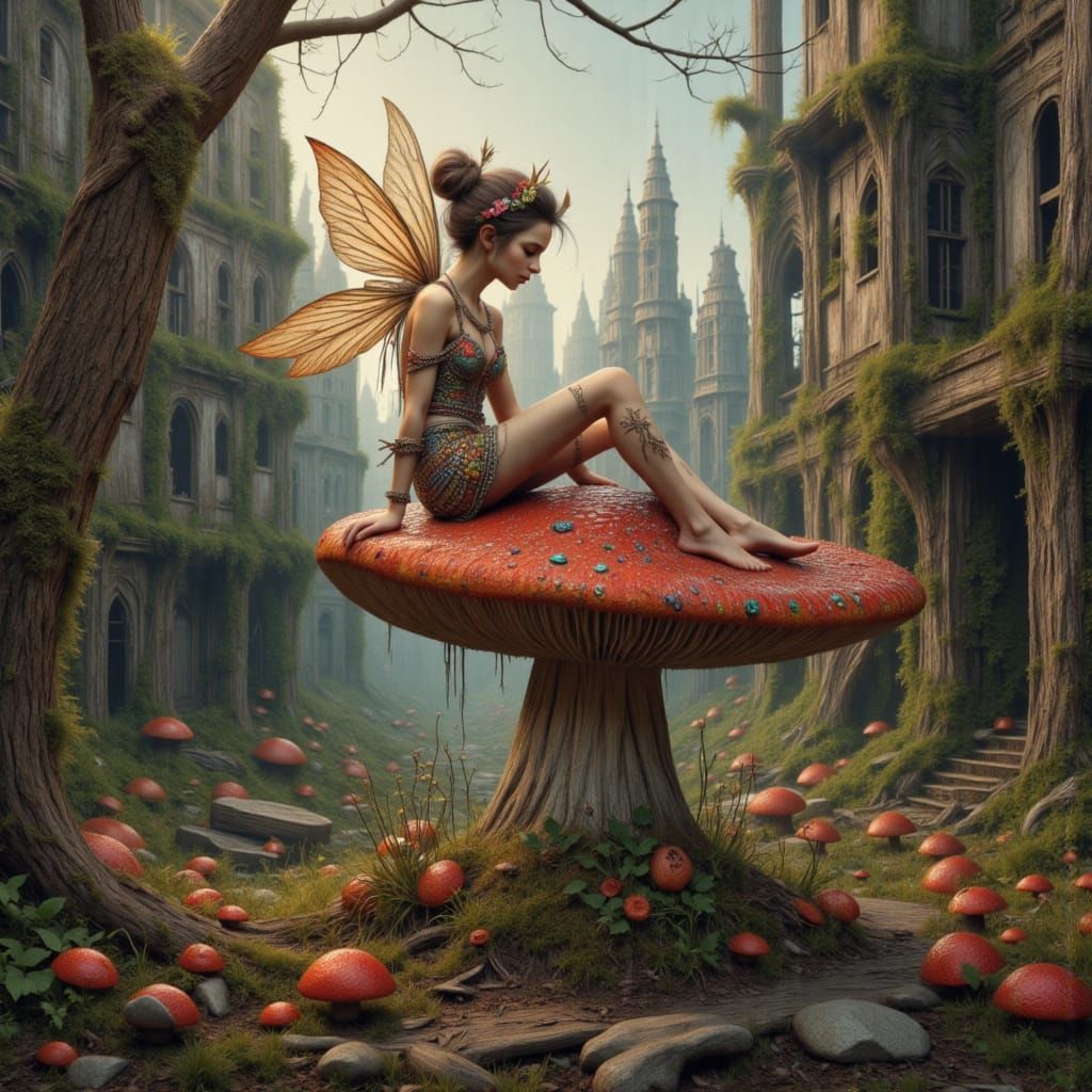 Whimsical Fairy in Post-Apocalyptic Wonderland
