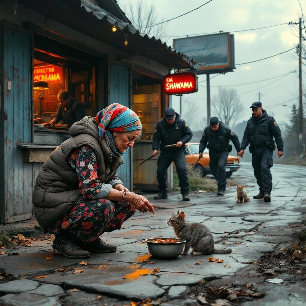 Babushka Feeding Cat in Rural Russia: Hyperrealistic Illustr...