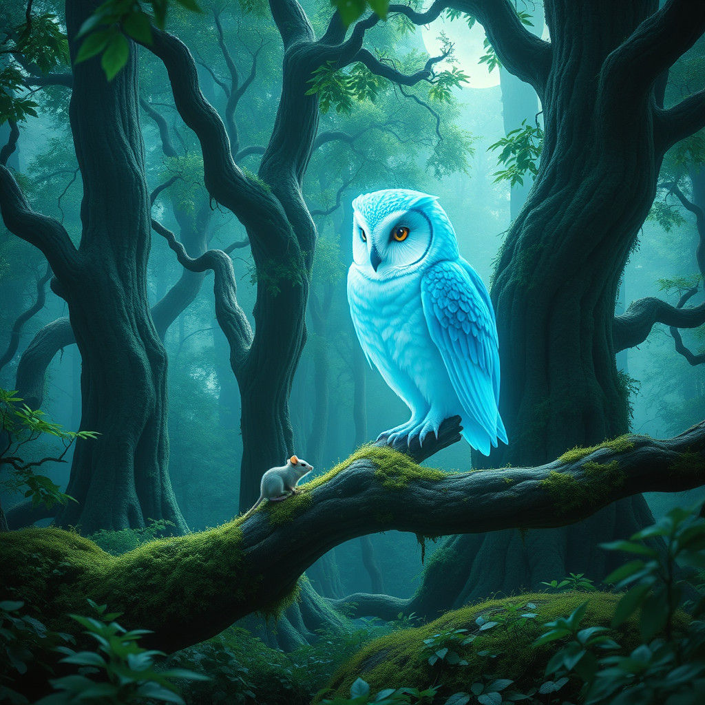 Radiant Blue Light Owl in Enchanted Forest