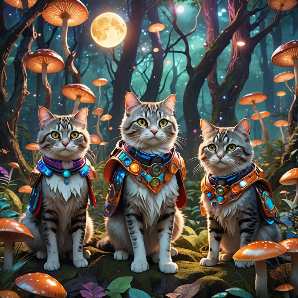 Futuristic Anime Cats Explore Mystical Forest in 3D