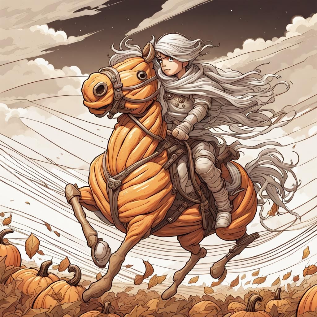 Chibi Pumpkin Guy Rides Horseback in Epic Comic Book Style