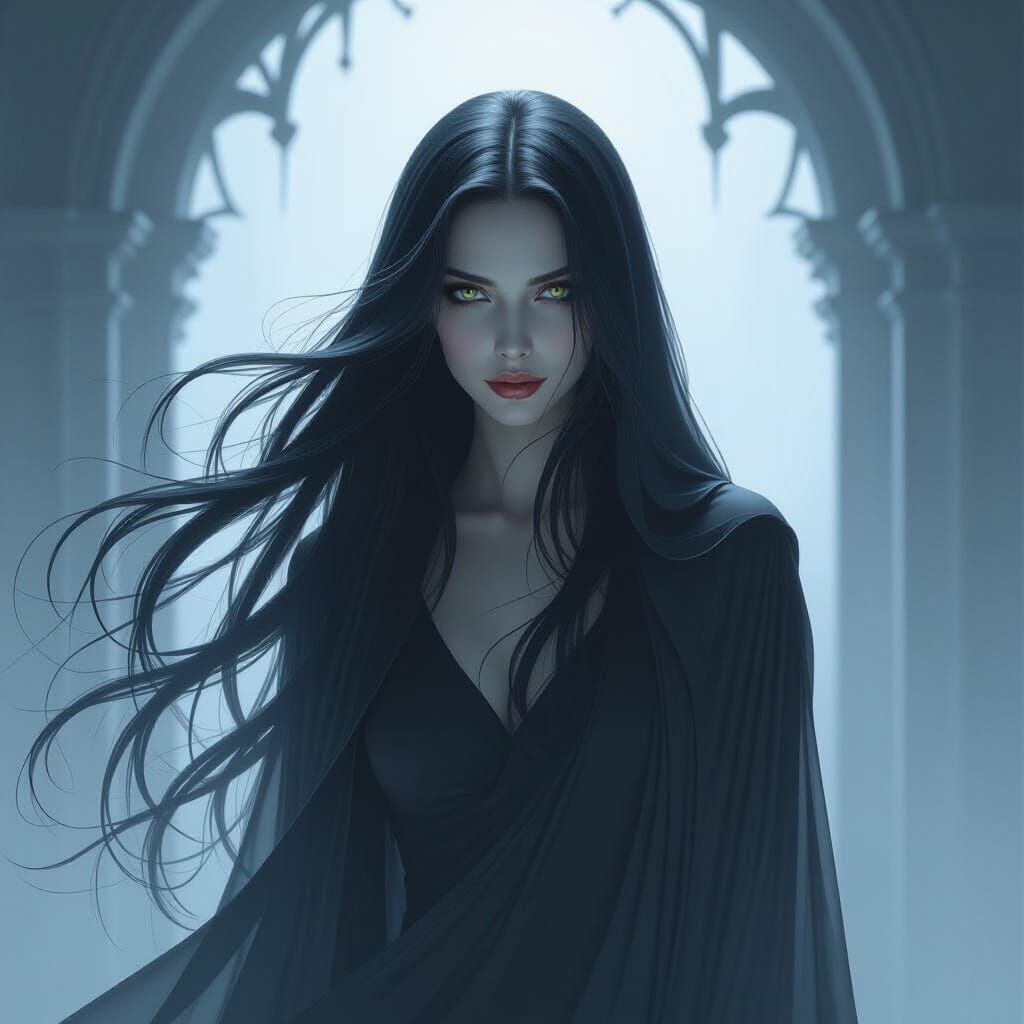 Ethereal Ghost Woman with Long Black Hair in Dark Fantasy St...