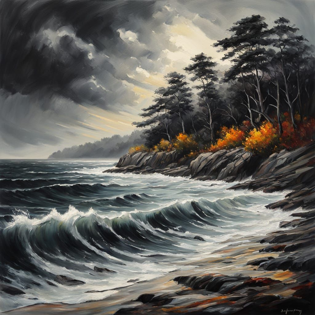 Turbulent Sea: Dark Trees in Oil Painting Style
