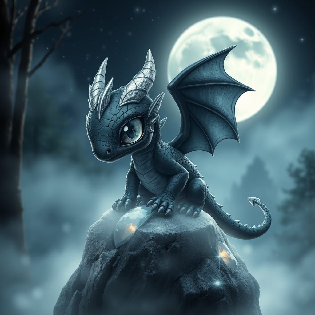 Obsidian Dragon with Silver Kintsugi in Misty Forest