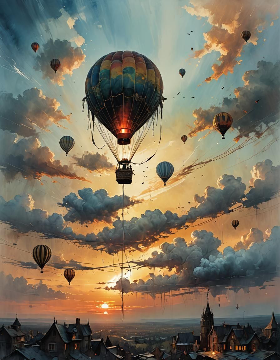 Hot Air Balloon Sunset: Surreal Mixed-Media Illustration
