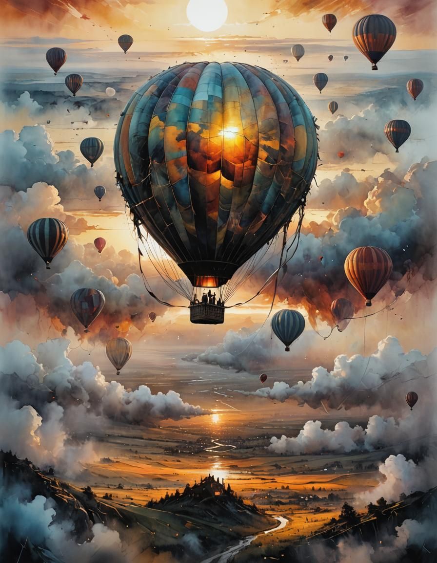 Hot Air Balloon in Sunset Sky: Surreal Illustration