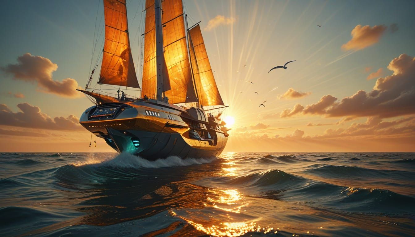 Futuristic Eco-Ship Glides at Sunrise: Oil Painting