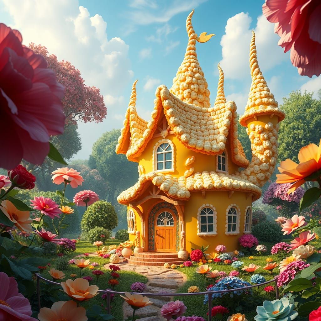 Whimsical Popcorn House in Dreamlike Wonderland