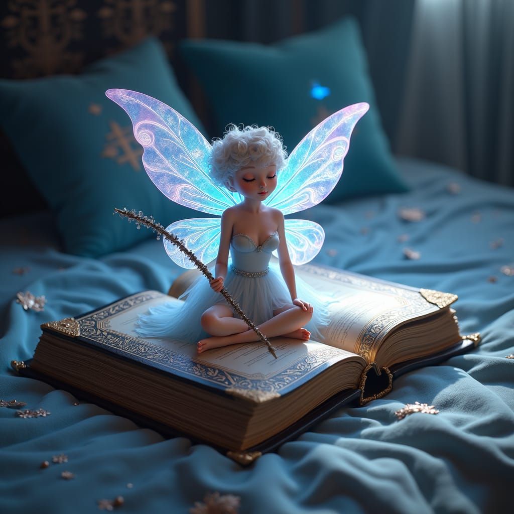 Fantasy Fairy Meditating on Ancient Book in 8k