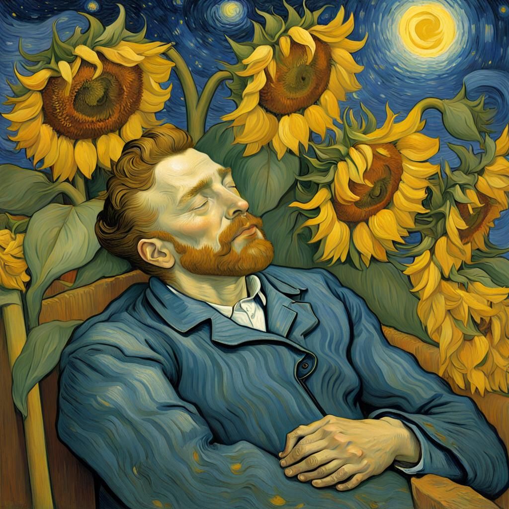 Painter Sleeping Amongst Sunflowers Under Starry Sky