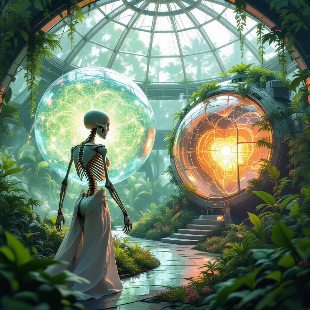 Skeletal Gardener in Neon Greenhouse Concept Art