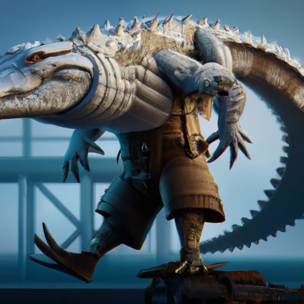 Armored Humanoid Crocodile in Post-Apocalyptic Style